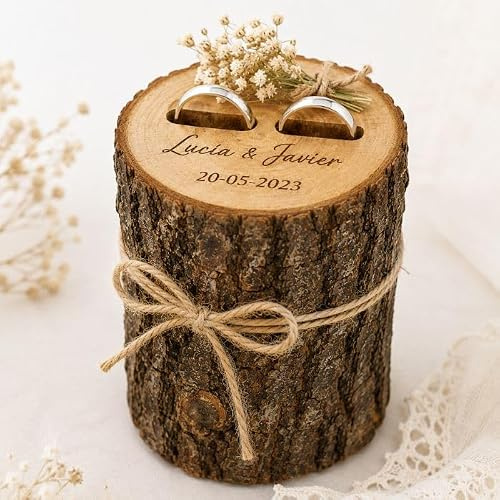 Ringhalter für Hochzeitsringe, personalisierbar, norwegisches Modell, geschnitzt, aus Naturholz, mit natürlichen Blumen