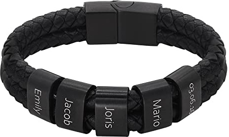 Heideman Herren Lederarmband Elian 2 Gravurplättchen schwarz | Elian Herren-Lederarmband, geflochtenes Leder, schwarze Gravurplättchen, personalisierbar, Magnetverschluss, für Männer