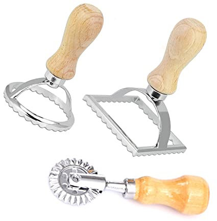 3 Piece Ravioli Cookie Cutter Set with Dumpling Maker and Ravioli Shaper Dough Wheel Set Ravioli Cutter Stainless Steel Ravioli Stamp Wooden Handle Ravioli Shaper for Dumplings Pasta