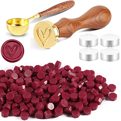 Foonii Set di Timbro Ceralacca, con 200 Perline di Cera per Sigillo, 1 Timbro sigillo per Ceralacca, 1 Cucchiaio, 4 Candele, per Buste/inviti/Biglietti/Regalo - (Cuore, Rosso)