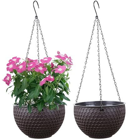 YuanDiann Hängende Blumentöpfe 2er Set, Selbstbewässerung Hängepflanztöpfe mit Wasserspeicher & Ablaufloch Bienenwabe Blumenampel mit Rostfrei Ketten für Innen Außen Decken Balkone Deko Braun L
