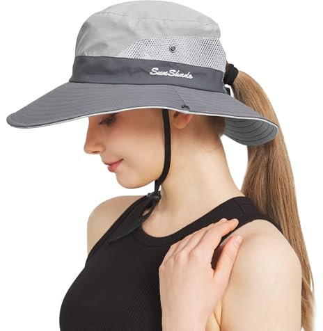 NPQQUAN Cappello da pescatore da sole a coda di cavallo, per donne e uomini, a tesa larga, UPF 50+, da pesca e da spiaggia, Grigio chiaro/Grigio (Foro per coda di pane), Taglia unica