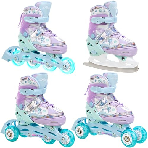 Raven - Pattini a rotelle per bambini, ragazze, ragazzi, adulti, bambini - Pattini a rotelle, 4 in 1 con pattini da ghiaccio, quad, per principianti - Regolabili - Isla Violet, 30-33 (18,5-20,5cm)