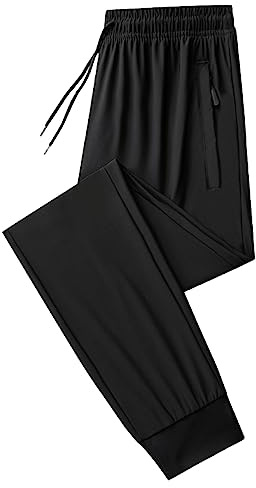 Jamron Herr Sommar Tunna Stretchiga Mjukisbyxor Joggingbyxor med Fickor med Dragkedja Lätta Casual Byxor Sluten Botten Svart 5XL