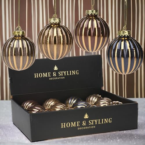 MIJOMA - 12er Set Nostalgische Weihnachtskugeln, Unzerbrechlich, Ø8cm, Christbaumschmuck mit Einzigartigem Design und Vintage-Zauber in Saphirblau, Gold und Braun (Set 3)