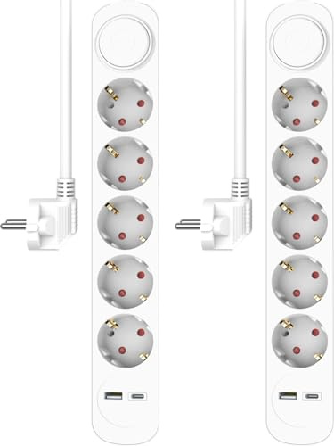 2-Pack ELRO ES305 5-Fach Steckdosenleiste mit 1.5 m Kabel und Schalter – 5 x Steckdose + USB + USB-C – Kindersicherung – Schuko-Stecker – max. 3680 W – TÜV-geprüft