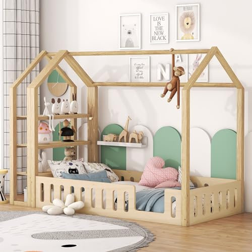 Kayan Kinderbett 90 x 200cm, Flachbetten, Hausbetten mit Geländer, Kinderbetten mit 3 Regalen, Robuste Lattenroste, Rausfallschutz, Flachbetten Kiefernholz Haus Bett für Kinder (Natur)