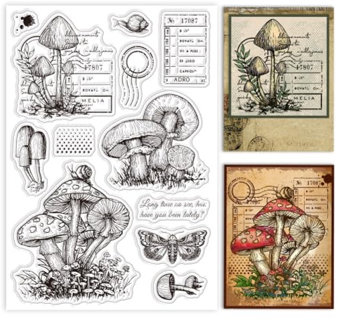 GLOBLELAND 6.3x4.33 Zoll Realistische Pilze Transparente Silikonstempel Vintage Motten Klare Stamps Wasserflecken Formulare Silikonstempel Für Kartengestaltung DIY Prägung Journaling