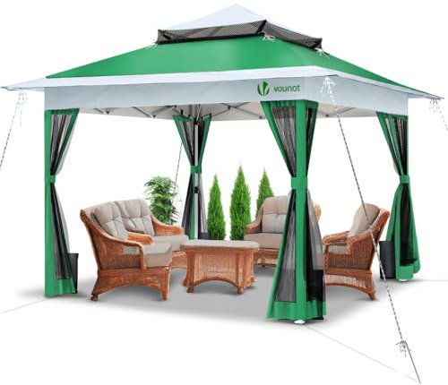 VOUNOT® Gazebo 3.6x3.6m Pieghevole con 4 Parti Laterali in Rete, Gazebo da Giardino Tenda Padiglione Pop Up Doppio Tetto, con Sacchi di Sabbia di Peso e Sacca di Trasporto, Colore Verde