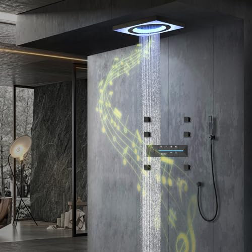 LNXGJJ Duschsystem mit Thermostat, Musik Unterputz Duscharmatur Set Schwarz Digitaler Bildschirm Duscharmatur Unterputz LED 600 * 600 mm Regendusche Set, Duschset mit 6pcs Massage Seite Spray