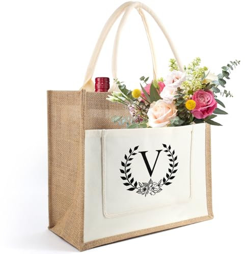 Tarklanda Frauen Geschenke Initialen Jutetasche, Jute Shopper Tote Bag Damen, Jute Einkaufstasche mit Alphabet, personalisiert Geschenk für Frauen Freund Mama, Geburtstage, Weihnachten (V)