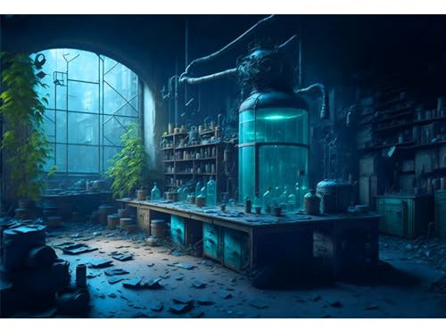 MIRRORANG 2,7 x 1,8 m Vintage Chemielabor Hintergrund Magische Schule Labor alte Bücher Gruselige Fotografie Hintergrund für Halloween Party Dekorationen verrückte Wissenschaftler Labor Party Dekor