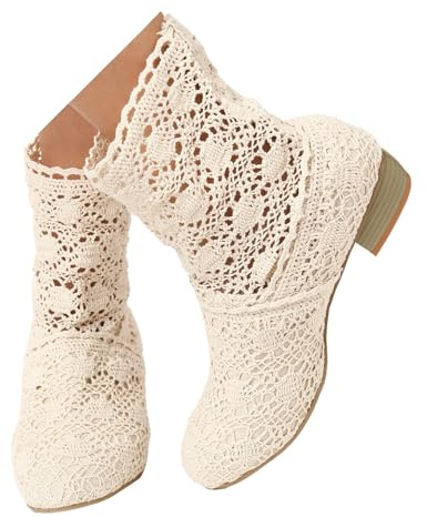 Dasongff Stivaletti da donna in pizzo da donna, con tacchi a blocco, punta rotonda, stile Boemia, stivali da ufficio eleganti, stivali da lavoro da donna, antiscivolo, A1 Bianco, 40 EU