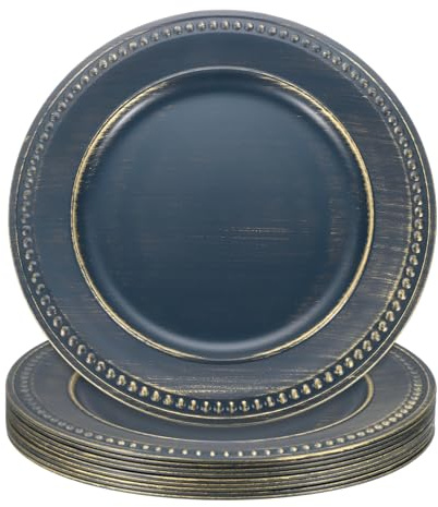 sourcing map 10pcs Vintage Charger Plates Bulk, 13 Inch Plastic Beaded Chargers for Dinner Plates Set Round Plate Charger for Wedding Party Event Table Setting Decoration, Blue