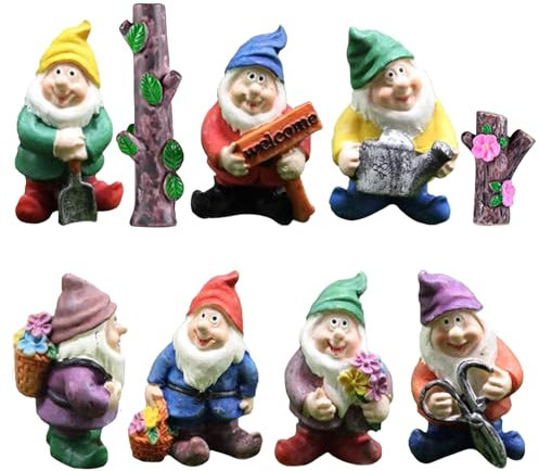 TYXHXTF 7 Pezzi Mini Gnomi da Giardino, Statuette a Forma di Gnomo in Miniatura, Set di Ornamenti da Giardino, per Decorazione da Giardino, per Interni o Esterni