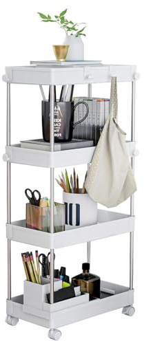 Alex Nash 4-Tier Slim Storage Trolley on Wheels - Rolling Utility Cart with Lockable Wheels - Slide Out Shelving Organiser Unit Rack for Kitchen, Bathroom, Bedroom, Office - Slim, White