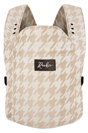 ROOKIE Babytrage Premium - Design Bauchtrage bequem und ergonomisch - Für Neugeborene ab Geburt bis 15kg - Baby Trage aus Bio Baumwolle (Houndstooth Beige)