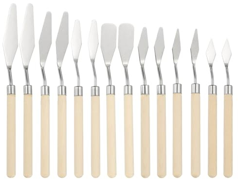 YOKIVE 14 Pcs Stainless Steel Palette Knife, Professional Art Spatula Set Oil Painting Accessories Color Mixing Scraper with Wood Handle, Great for Canvas Acrylic Painting (Wood Color)
