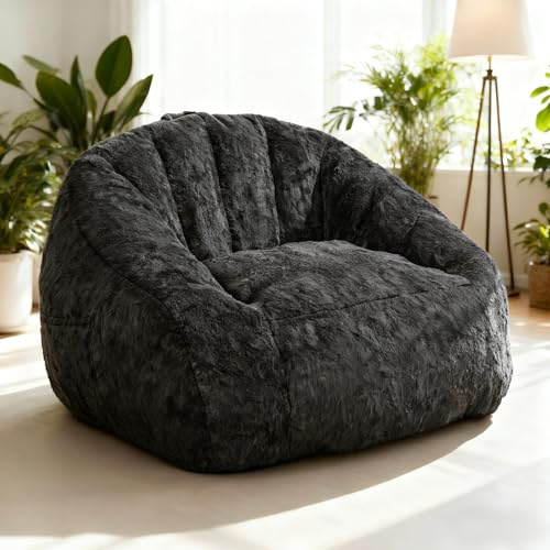 GOHOROS Giant Bean Bag Chair for Adults and Kids, Oversized BeanBag Couch Filler with Memory Foam, Faux Fur Shell-Shaped Boneless Chair for Reading, Stuffed Big Accent Sofa Living Room, Black