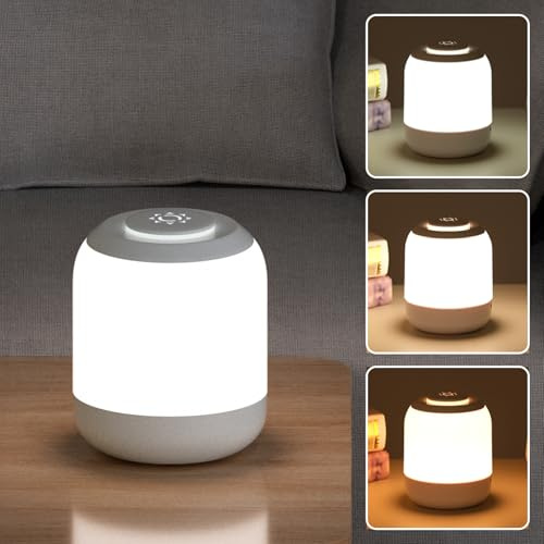 LUTW LED Nachttischlampe Touch Dimmbar, USB Aufladbar Nachtlicht Akku, Kabellos und Memory Funktion Tragbar Holzmaserung Nachtlampe für Schlafzimmer Wohnzimmer Camping, Milchig weiß