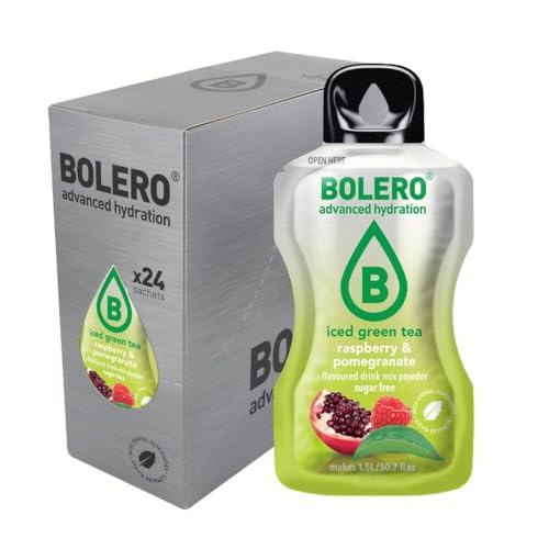 Bolero THÉ VERT GLACÉ FRAMBOISE & GRENADE 24x8g | Poudre pour boisson sans sucre, édulcorée à la stévia + vitamine C | convient aux enfants, aux sportifs et aux diabétiques | sans gluten