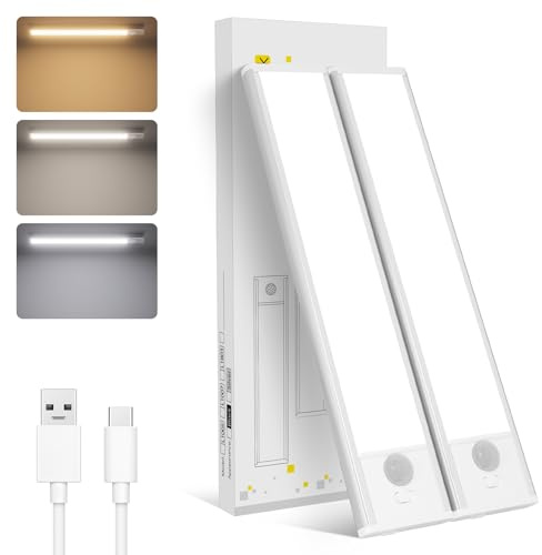 LUTW Schrankbeleuchtung LED Bewegungssensor Magnetisch, 20cm, 2 Stück | Wiederaufladbar Unterbauleuchte Küche LED Akku, 3 Farbmodi Unterschrank Beleuchtung Küche USB für Kleiderschrank, Treppe