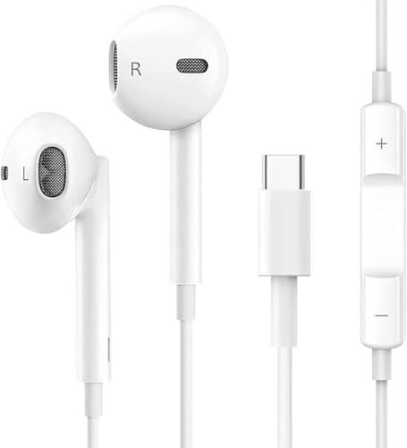Cuffie USB C,Auricolari Type C Hi-Fi Stereo con filo y Microfono compatibile per iPhone 16/15 Pro Max Plus,iPad Pro Air,Samsung Galaxy S25/S24/S23 A53 A33,Huawei P70/60/50,Google Pixel 9/8 (BIANCO)
