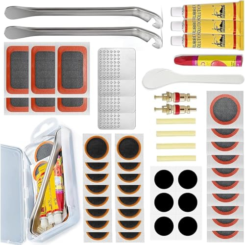 56 Pezzi Kit Riparazione Pneumatici Bici, Kit Patch per Bici con 32 Pezzi di Toppe per Pneumatici per Biciclette, con Toppa di Autoadesiva, Contenitore Portatile, Motociclette, Veicoli Fuoristrada