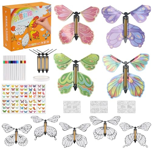 34 Stück DIY Schmetterling Malset für Kinder, 3D-Schmetterlinge aus Papier mit Gummiband & 12 Farbstifte, Malen und basteln Sie Ihre eigenen Fliegende Schmetterling Mädchen Junge 3-8 9 10 11 12 Jahre