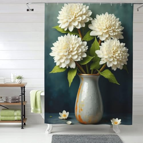 TZTTZT Cortina de ducha realista con estampado blanco de dalia n.º 14, cortinas de ducha de tela gruesa y resistente para baño, lavable a máquina, 60 x 72 pulgadas