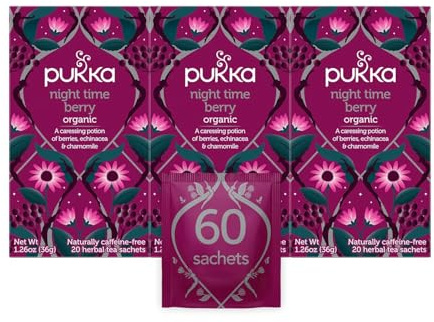 Pukka Herbs | Night Time Berry Organic Herbal Sleep Tea Box | Chamomile, Lavender & Elderberry Tea | Ideal For Bedtime Relaxation | Caffeine Free | 3 Packs | 60 Plant Based Biodegradable Tea Bags