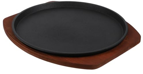 HIAKDOFT Plato de Hierro para Servir Caliente con Base de Madera Sartén Grueso para Filetes y Parrilla Redonda para Asar Carne y Cocinar Inducción