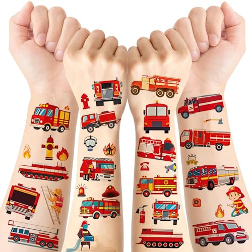 Feuerwehrauto Tattoo 10 Blatt, Temporäre Tattoos Sticker Feuerwehrauto, Mitgebsel Geburtstag, Kleine Geschenke für Geburtstag Adventskalender Schultüten Füllung