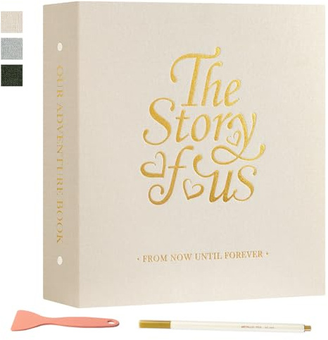 Lanpn Couple Self Adhesive Photo Album - The Story of Us, Linen Wedding Anniversary Picture Book Sticky Pages holds 6x4 7x5 A5 Photo for Love Newlywed Valentine's Day (Small 20 Sheets/40 Pages, Beige)