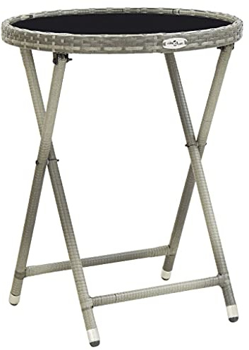 Teenpull Table d'appoint pliante ronde en polyrotin avec plateau en verre trempé - Gris - 60 cm - Pour jardin, balcon, terrasse - Résistante aux intempéries et aux UV