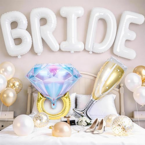 Ballons blancs de 101,6 cm avec bague de fiançailles en forme de diamant pour verre à vin et champagne pour future mariée, fiançailles, enterrement de vie de jeune fille, mariage, décorations de fête