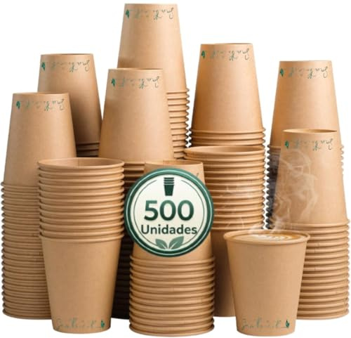 GreenFyA Vasos Desechables de Cartón Kraft para Café – Vasos Café Desechables Resistentes para Bebidas Calientes y Frias, Vaso Café para Llevar Ideal para Oficina, Eventos y Take Away (500, 200ml)