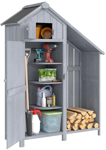 Outsunny Gartenschrank Holz Outdoor wetterfest mit Asphaltdach Einlegeboden, Geräteschuppen Aufbewahrungsschrank für Terrasse Garten 129 x 51,5 x 180 cm Grau