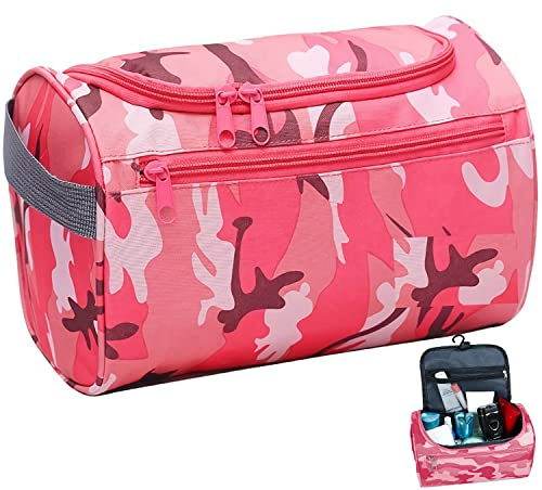 Uhat Hanging Travel Toiletry Bag Gym Shower Wash Shaving Bag Large Capatity Cosmetic Organizer with Handle for Men Women (Red Camouflage)