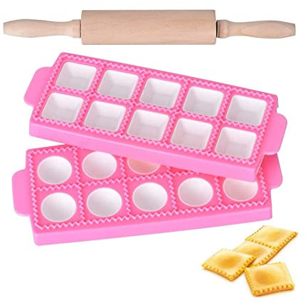 Queta Form für runde Ravioli,Ravioliformer, Raviolischneider Gebäck-Werkzeug ,2 Ravioli-Formen (rund + quadratisch) mit 1 Teigrolle aus Holz für Pasta Teigtaschen Tortelini Maultaschen