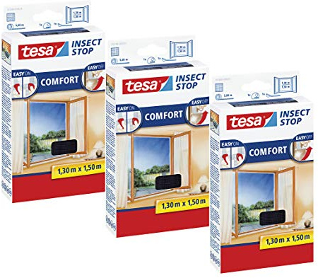 tesa Insect Stop COMFORT Fliegengitter Fenster - Insektenschutz mit Klettband selbstklebend - Fliegen Netz ohne Bohren (130 cm x 150 cm, 3er Pack/Anthrazit (Durchsichtig))