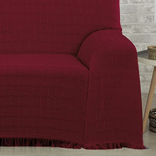 DALINA Colcha Multiusos Sofa,Manta Foulard,Plaid para Cama,Cubresofa Cubrecama,Comoda Practica y Suave. Poliester Algodón con Bordaje de Guadro Granate 230X260CM