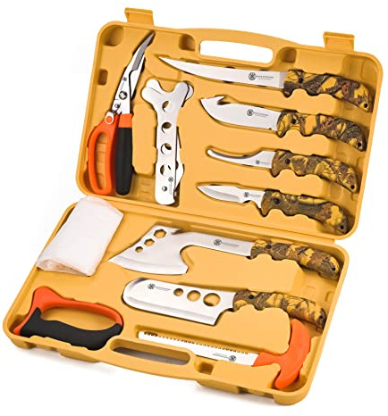 KNINE OUTDOORS Juego de cuchillos de caza con mango amarillo, juego de procesador portátil de carnicero, 12 piezas