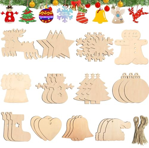 86 x Weihnachts-Holzanhänger, Holzanhänger für Weihnachtsbaum, Weihnachtsbaumschmuck mit Kordel, zum Basteln und Verzieren für Weihnachten