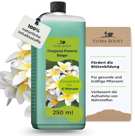 Konfitee Frangipani Plumeria Dünger Flora Boost 250ml I Für bis zu 50L Gießwasser I Dünger für Frangipani Tempelbaum I Flüssiger Blatt- & Wurzeldünger I 100% natürlicher Pflanzendünger