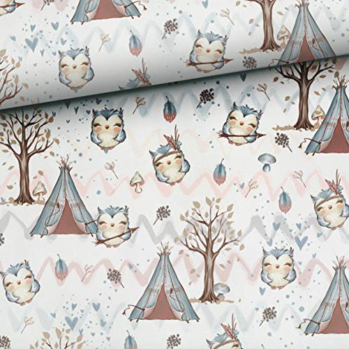 50x150cm Baumwollstoff mit Tiere - Mädchen Kinderstoffe & Babystoffe mit süße Eulen - Stoffe zum Nähen für Kinder & Baby aus 100% Baumwolle - Waldtiere Premium Baumwollstoff - keine Meterware