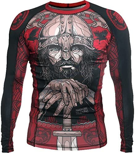 Hardcore Training Herren Rashguard Compression Long Sleeve Jiu Jitsu MMA No-Gi Tight BJJ Grappling Base Layer Combat, Rot/Schwarz/Grau, 4X-Groß