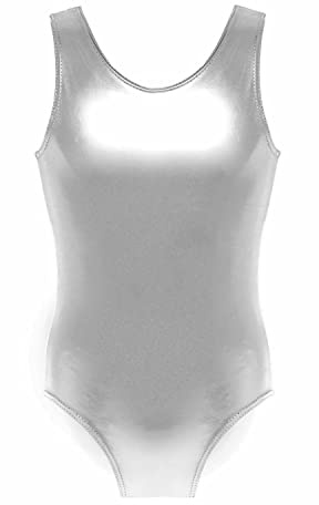 Prime fashions - Shiny Metallic Wet Look Sleeveless Sexy Bodysuit - High Cut (Silver, S-M)