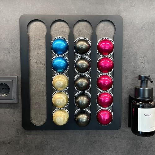 molemo Kapselhalter für Nespresso Vertuo, zum Kleben, schwarz | Wandmontage ohne Bohren, Selbstklebend, Kapselspender für Nespresso Vertuo aus Metall