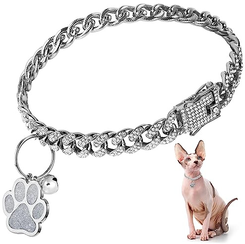 Hillban Katzenhalsband, Diamantkette, Glitzer-Halsband, zum Spazierengehen, Metall mit sicherer Schnalle, Katzen-Haustier-Halskette mit Pfoten-Anhänger, Schmuckzubehör mit ID-Tag, Glocke für kleine